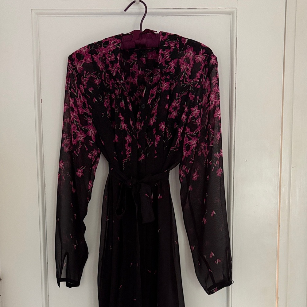 Ted Baker Black Chiffon Pleated Dress with Pink Floral Design
